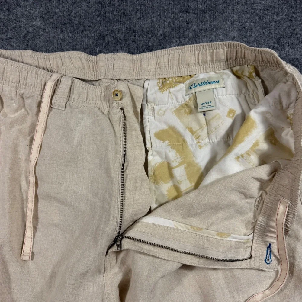 Caribbean Cargo Pants Mens 46x32 Beige 100% Linen Drawstring Summer Beach EUC